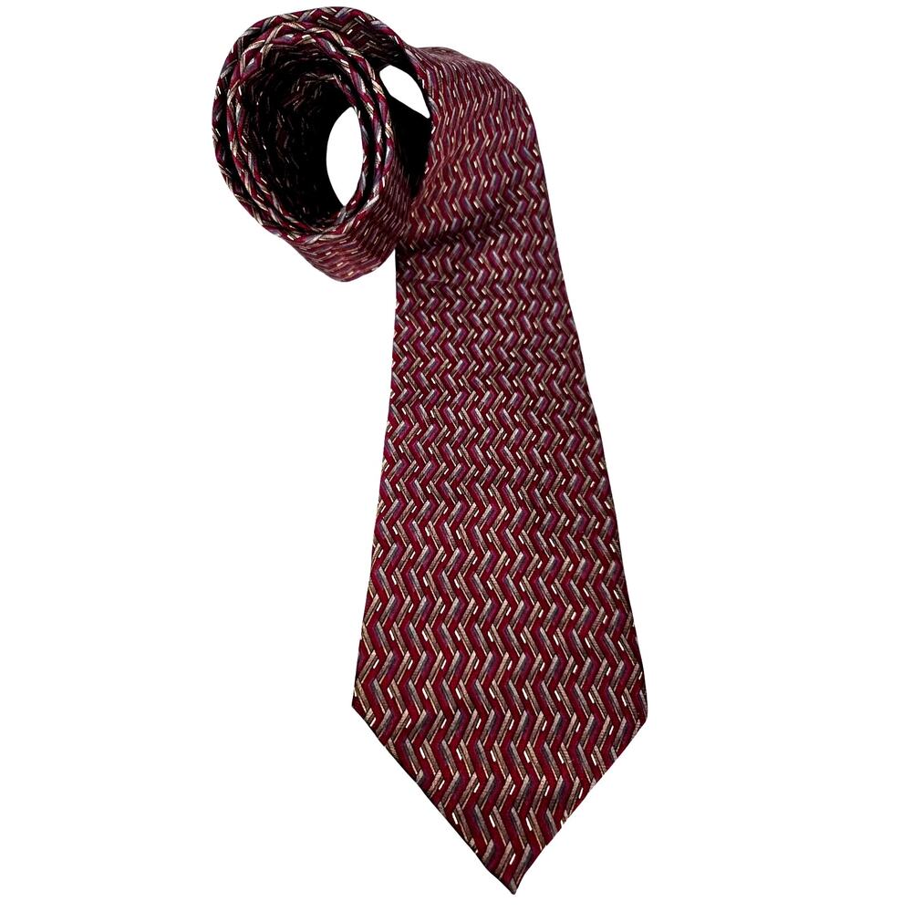Vtg Carlos Devenezia Men's Neck Tie 100% Silk Geometric Maroon Deep Red